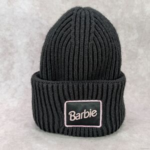 Barbie Ladies Oversized Cuff Beanie Black Pink Logo Woven Patch One Size